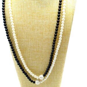Long Black & White AVON COLLIER BITSY Faux Pearl Rhinestone Accent Necklace